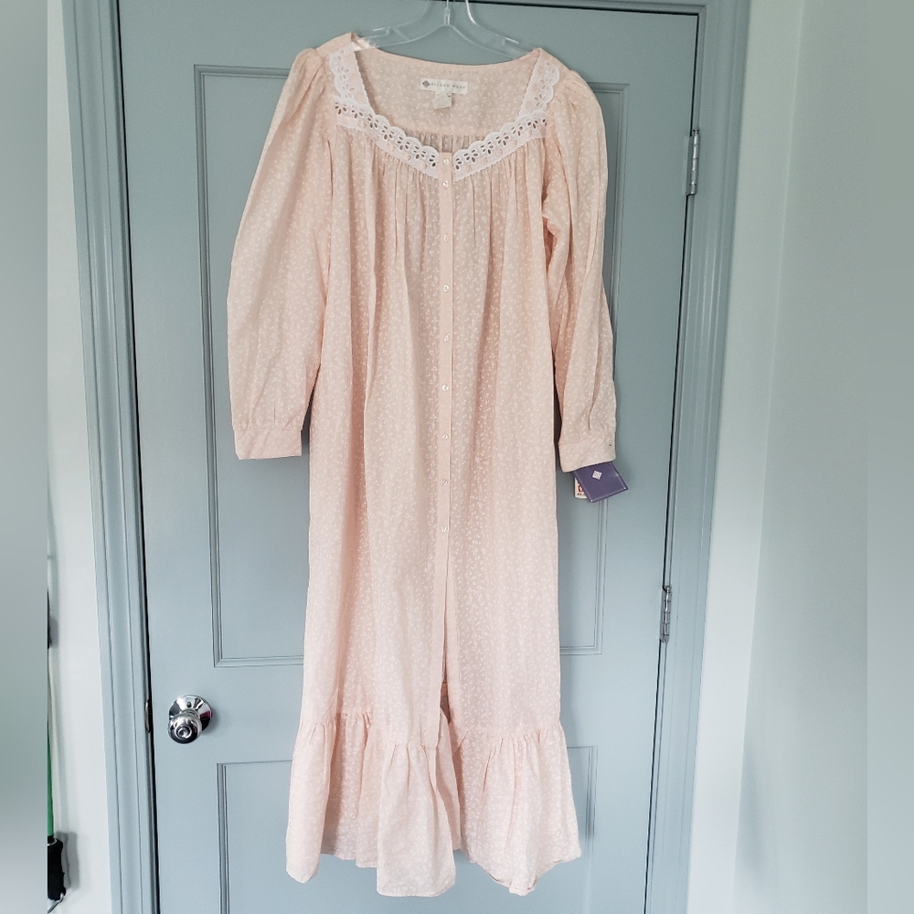 Eileen West Long Sleeve Button Lace Nightgown Pale Pink 100% Cotton Size Small